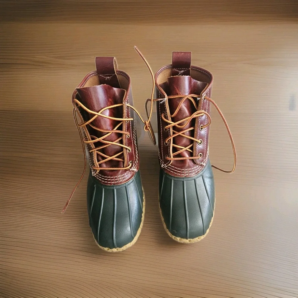 LL Bean Boots 6 IN Duck Boots Womens 7 M Dark Green Brown Leather Waterproof EUC